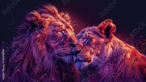 A lion embraces a lioness in a depiction of pop art lions. Digital modern graphics. Layered. A lion embraces a lioness in a representation of pop-art lions on a purple background.