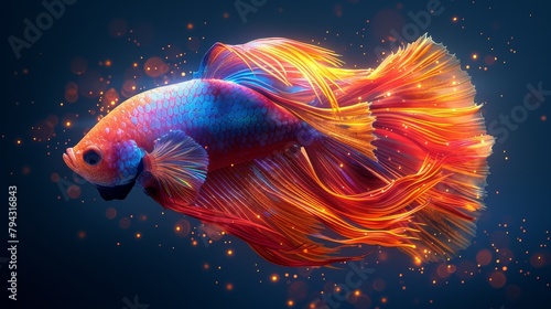 Abstract, neon, modern portrait of a fighting fish in watercolor style in a tropical setting.