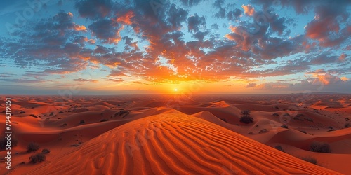 A stunning desert scene at sunset, with golden sands and a vibrant sky.