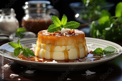 Coconut pudding with caramel and grated coconut., generative IA