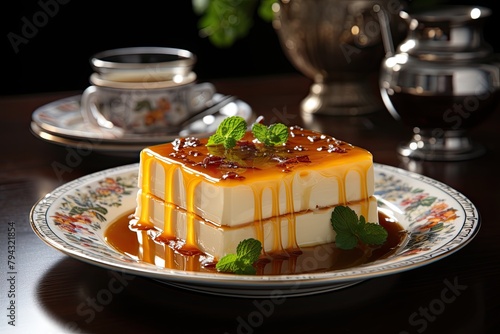 Milk pudding with gold caramel syrup., generative IA