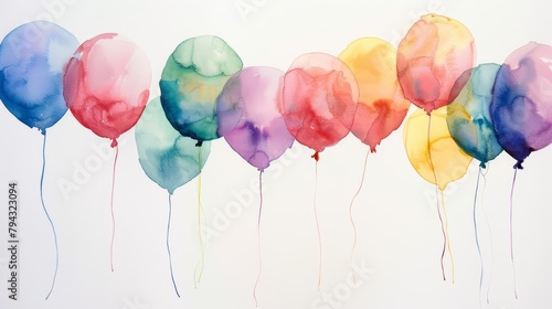 A whimsical watercolor painting featured a cluster of colorful balloons floating effortlessly into the sky, each tethered to an invisible string on the white canvas
