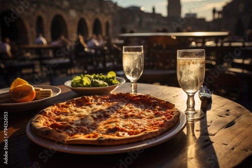 Table with supplì, pizza and view of the Colosseum., generative IA