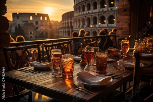 Restaurant in the sunset, overlooking the Colosseum of Rome., generative IA