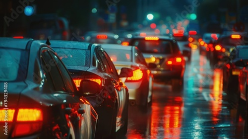 Cars are stuck in a traffic jam on a rainy evening