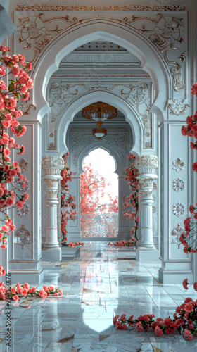 Luxurious floral corridor in an arabesque palace, perfect for opulent settings. End of Eid al-Fitr.