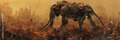 From a panoramic angle, a zombified elephant trudged along, its skin hanging loosely over brittle bones