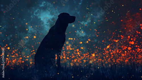 Silhouette of Labrador Retriever against Twilight Sky with Warm Glowing Lights