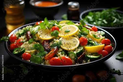 Colorful and fresh couscous salad with olives., generative IA
