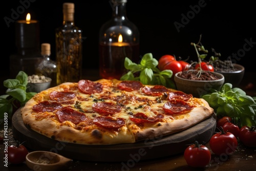 Succulent pepperoni pizza on rustic table., generative IA