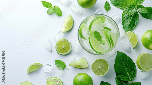 Mojito cocktail or soda drink with lime and mint isolated on white background, From top view