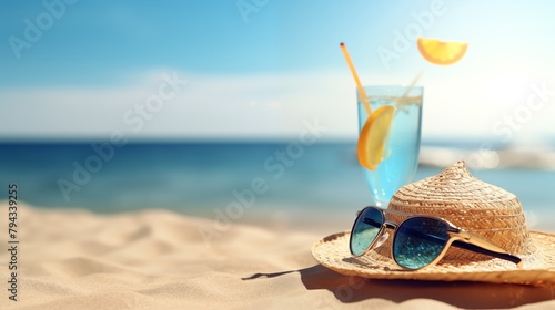 Cocktail on the sand ocean beach, straw hat and sunglasses on seashore background, summer day, copy space for a product.