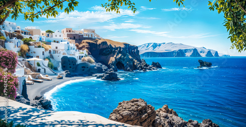 Relaxing on Beach Chairs with Stunning Ocean View and Traditional. Private Beach and Luxury Villas with Breathtaking Views of Aegean Sea and Volcanic Landscape. Vacation Concept
