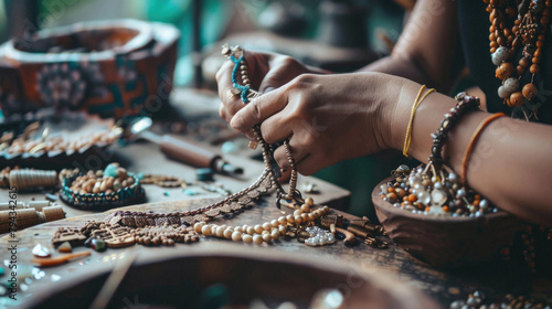 A woman is making necklaces and bracelets