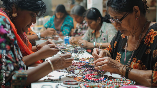 A group of women are sitting at a table making jewelry