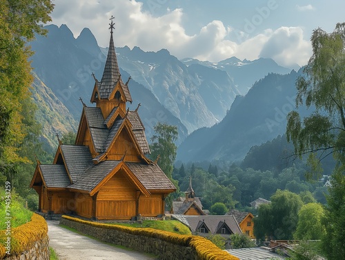 A small wooden church with a steeple sits in a valley surrounded by mountains. The church is surrounded by a stone wall and a path leading to it