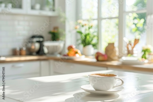 Morning coffee in modern kitchen with copy space, summer breakfast scene on white table