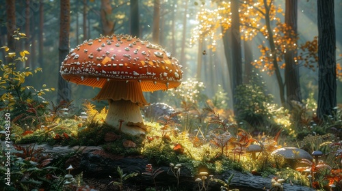 Enchanting forest mushroom in sunlit woods