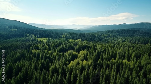 green pine forest aerial view in summer.