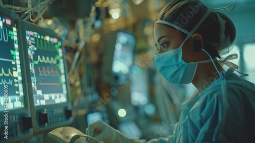 Close-up of a nurse monitoring ICU equipment, focusing on the critical attention required in intensive care