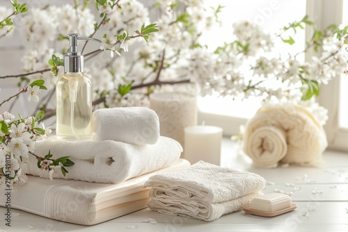 Serene spa bathroom toiletries soap towel white background for relaxing ambiance