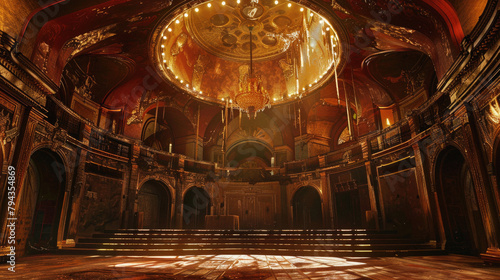 A large, empty theater with a gold ceiling