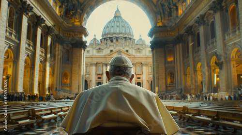 From a high vantage point, the camera observes the Pope in contemplative prayer, surrounded by the cavernous beauty of the Vatican Cathedral's sacred architecture.