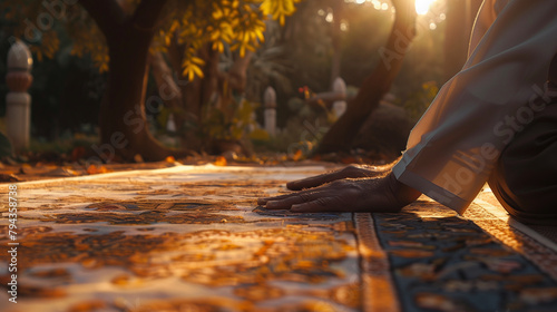 Close-up of a Muslim man's hands and forehead touching the prayer mat during namaz, with sunlight dappling through tree leaves above, casting gentle shadows on the ground around hi