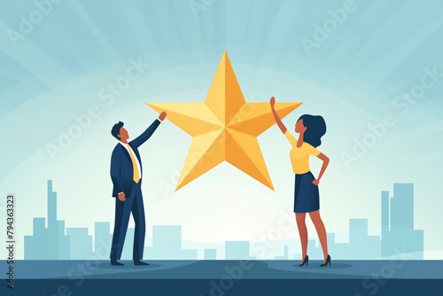 Business graphic vector modern style illustration of business people with a star representing great service glowing five star review reference resume service or product reaching for the stars