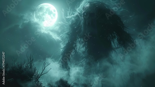 Aswang,a Shape-Shifting Vampire-Like Creature Prowling Through a Misty,Moonlit Forest