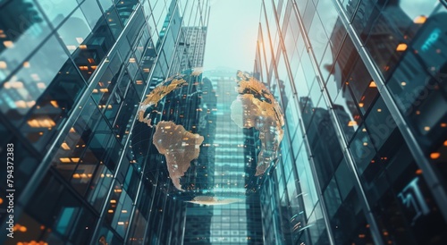 A double exposure of digital data and globe with a glass building in the background, symbolizing global business digital world is reflected in the buildings' windows Generative AI