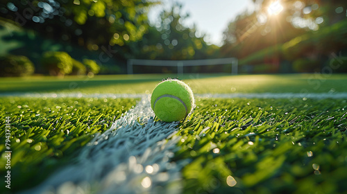 Sunlit tennis ball on lush grass