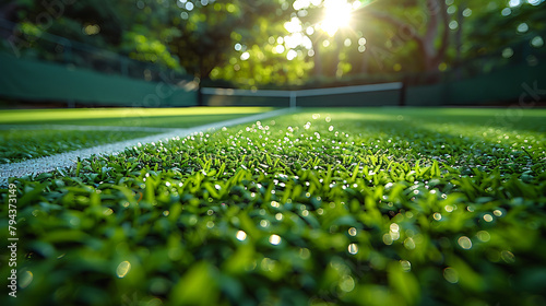 Sunlit tennis court morning dew