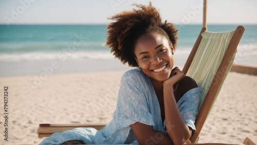 Girl sunbathing in the sun under palm trees . African woman on a sun lounger on the beach