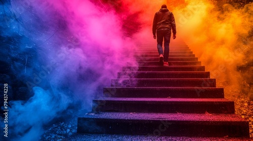 A man walking up concrete stairs with colorful smoke surrounding him.
