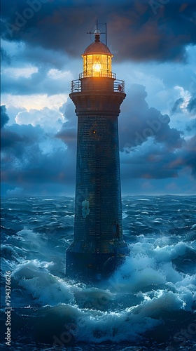 Solitary Lighthouse Beacon Casting Light Across Stormy Seas Guiding Lost Vessels to Safety
