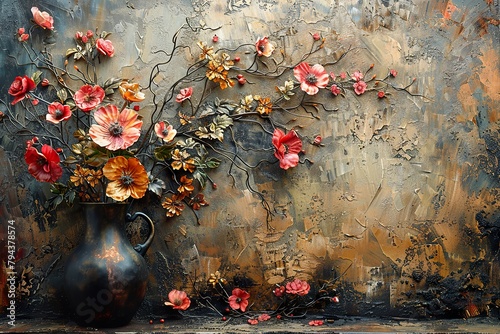 Abstract painting, metal element, texture background, flowers, plants, flowers in a vase.