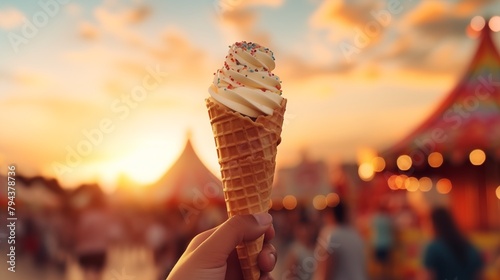 Sunset Ice Cream Cone at Summer Fair. Hand holding a soft-serve ice cream cone against a blurred fairground at sunset.