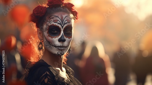 legance in darkness at the Mardi Gras festival-a beautiful girl with sugar skull style makeup, celebrating life and death.