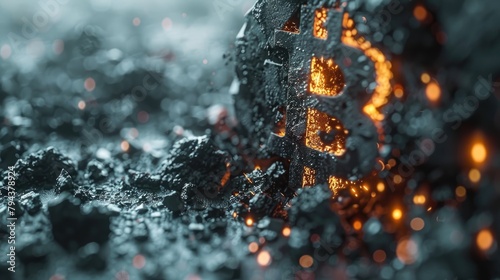 Shattered Bitcoin Symbol:Dystopian Crypto Collapse in Surreal Fragments