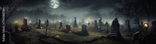 A scary graveyard at night, full moon and creepy bats - a Halloween scene filled with spooky charm.
