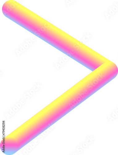 3d vibrant neon greater-than sign, corner. Luminous abstrac shape on transparent PNG background. 