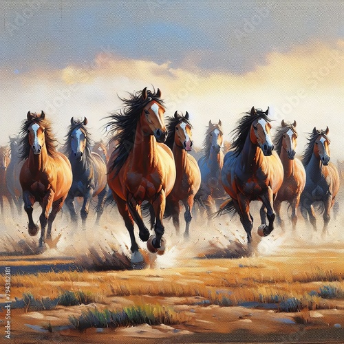 A herd of horses rushes across the field, their manes fluttering in the wind. Generative AI.