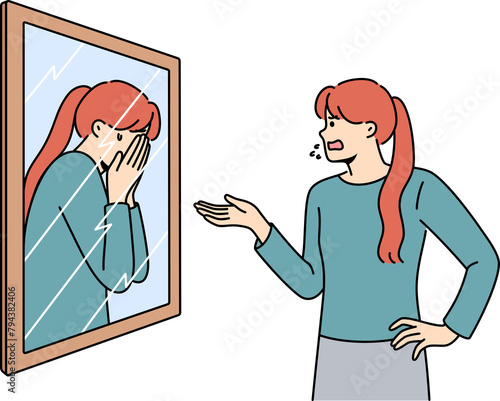 Woman scolds own reflection in mirror, for concept of low self-esteem and problems with having self-confidence. Split personality and lack of self-esteem causes disorder or nervous breakdowns