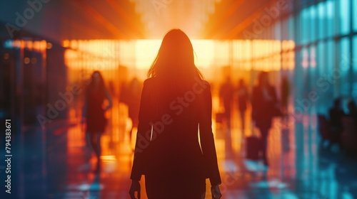 a silhouette of a woman walking through an airport. Generative ai