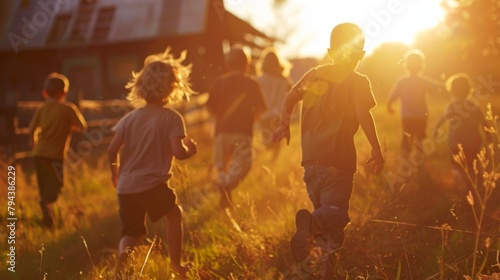A group of children play a game of tag in the barnyard energetic movements captured as they run away from the camera. The sun . .