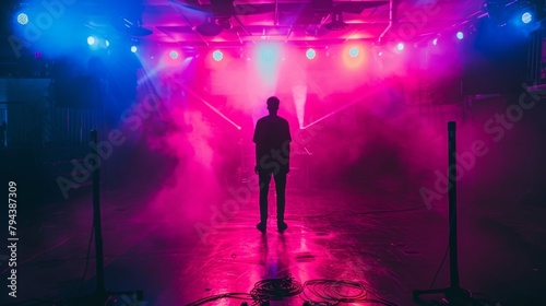 A lone figure stands in the center of the makeshift stage silhouette illuminated by neon lights back facing the audience . .