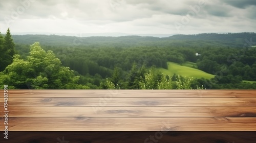 Wood table mockup with summer rain over green landscape. Empty copy space for product presentation.