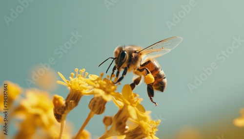 A bee pollinating a flower with a blue sky background