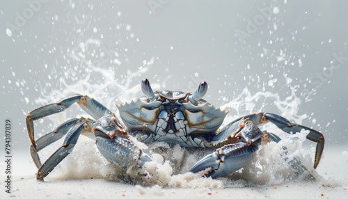 A blue crab emerges from the sand on the beach.
